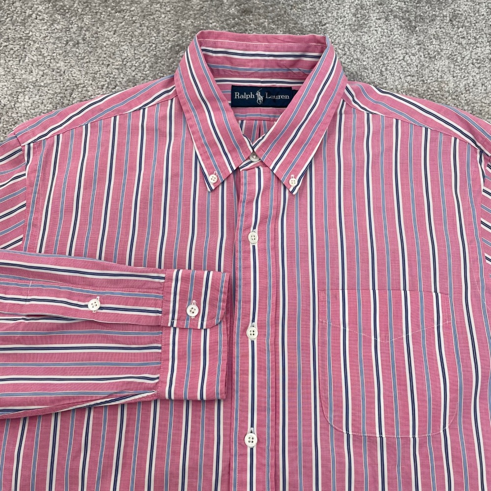 Ralph Lauren Dress Shirt Mens Large Pink Blue Stripe Button Down Long Sleeve